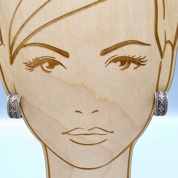 Chic Vintage Half Hoop Earrings, Silver Tone Harlequin Clip Ons with Floral - Picture 1 of 5